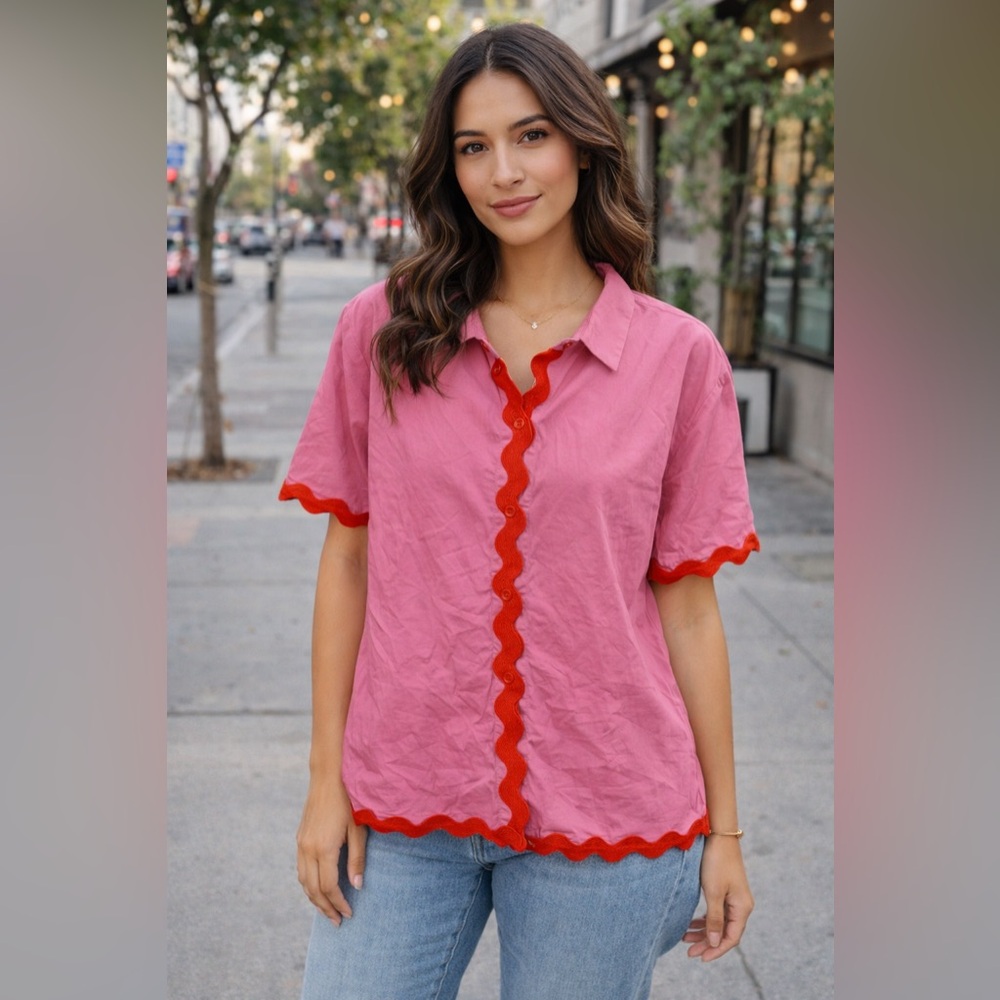 Loveimgs Pink Red Scalloped Button Down Women's Top Size L Linen  Casual chic